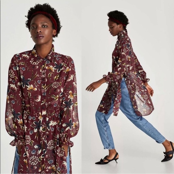 Zara Basic Maroon Floral Semi Sheer Long Cardigan Length Blouse. Size XS - Picture 15 of 16